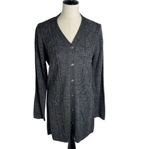 NWT Karen Scott Petite Large Black Ash Marl Cable Knit Button Front Cardigan